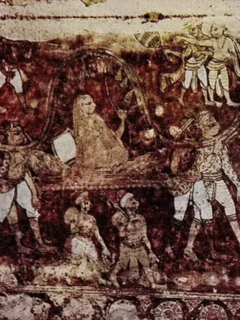 Sri Mādhava-Vidyāraṇya — Sri Vidyāraṇya carried in procession — ceiling painting, Virūpākṣa temple, Hampi